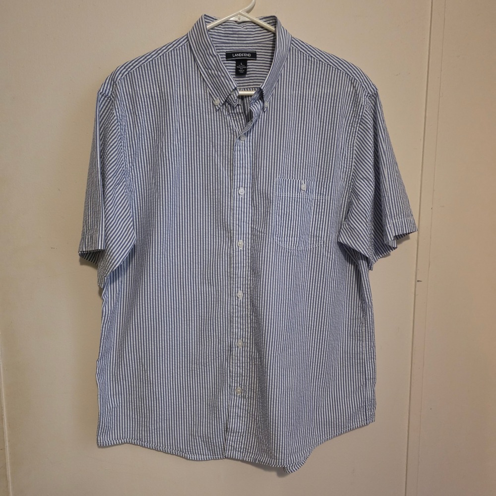 Lands End Mens Seersucker Button Down Shirt Size Large Blue White Striped Preppy